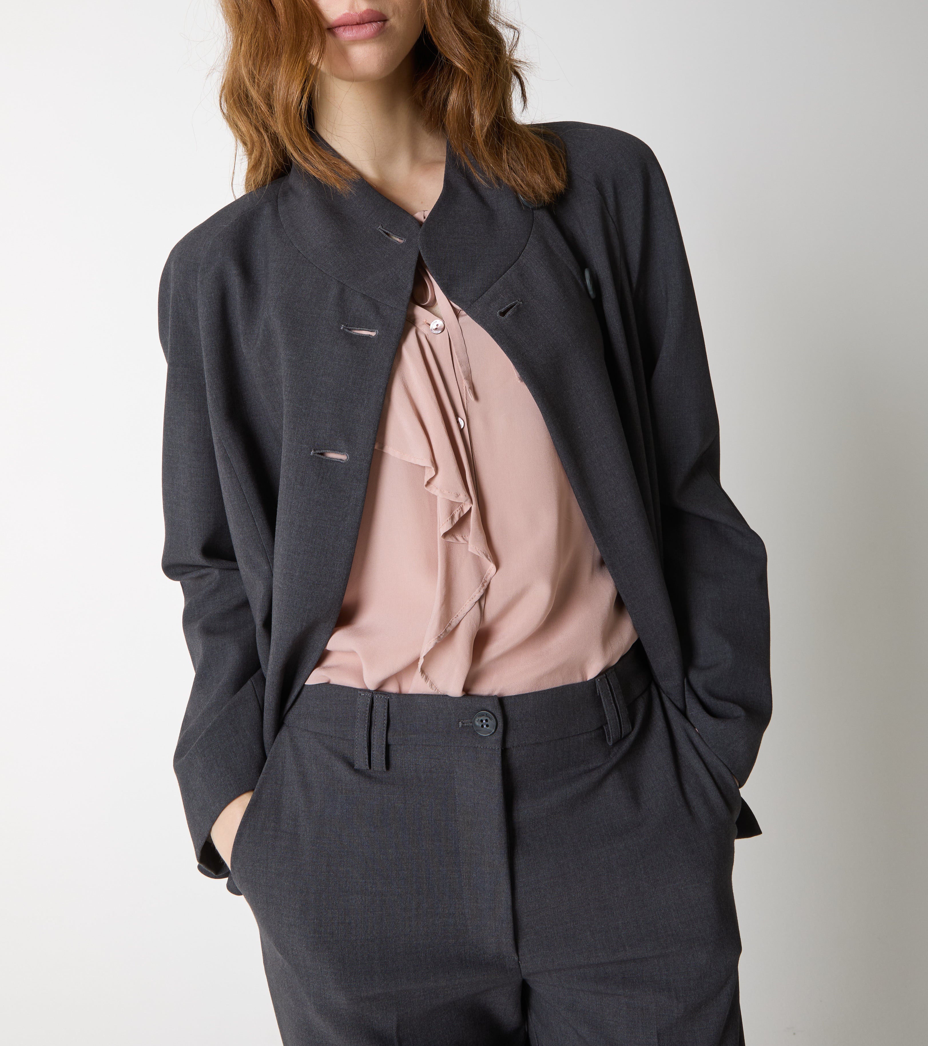 Double-breasted jacket with high collar