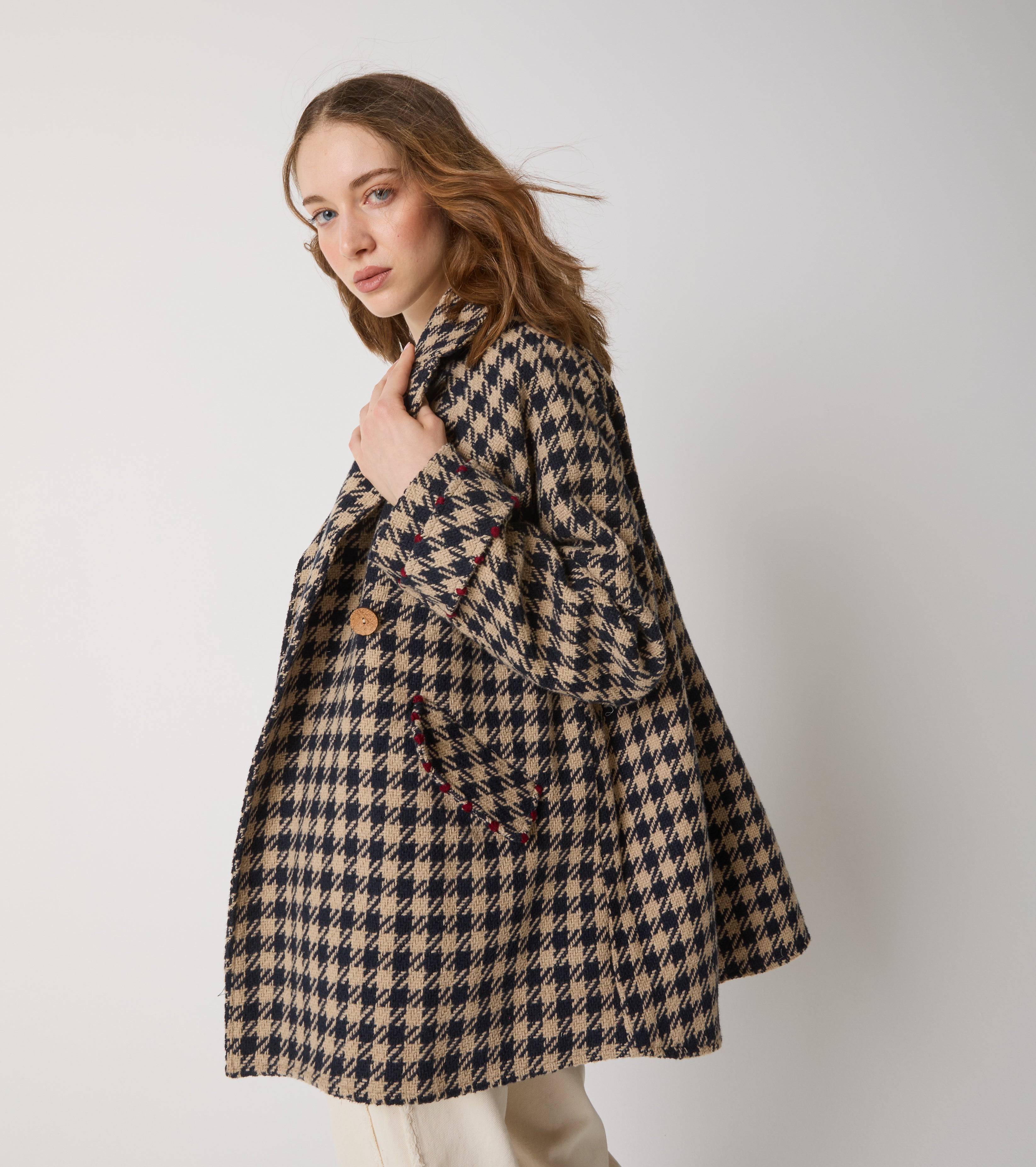 Cappotto pied de poule in lana e cotone