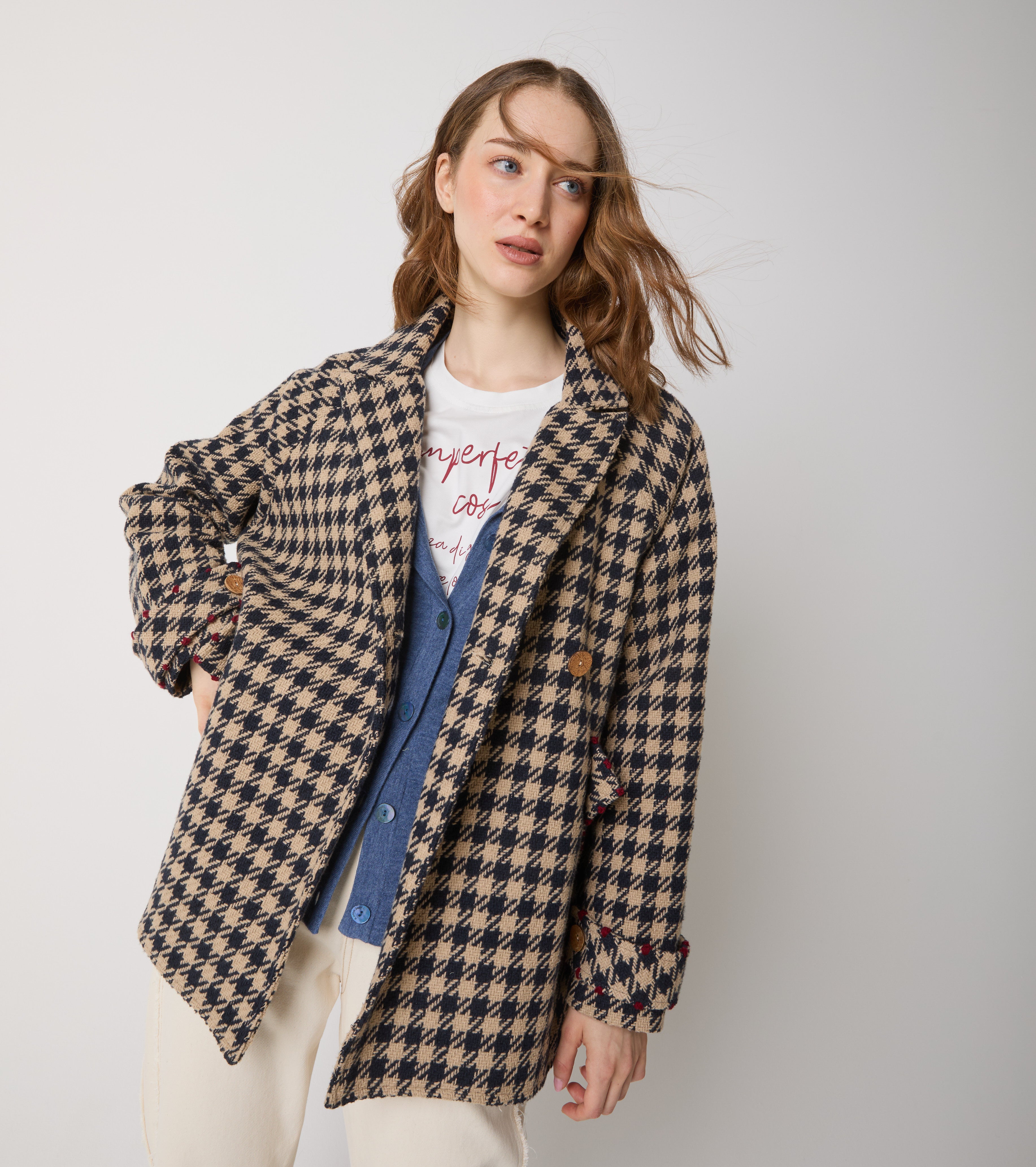 Cappotto pied de poule in lana e cotone