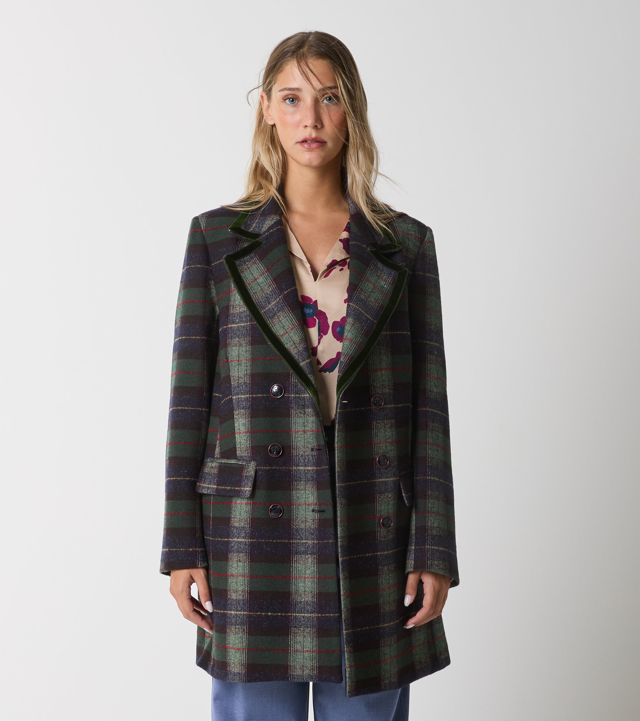 Cappotto doppiopetto in lana e cotone check