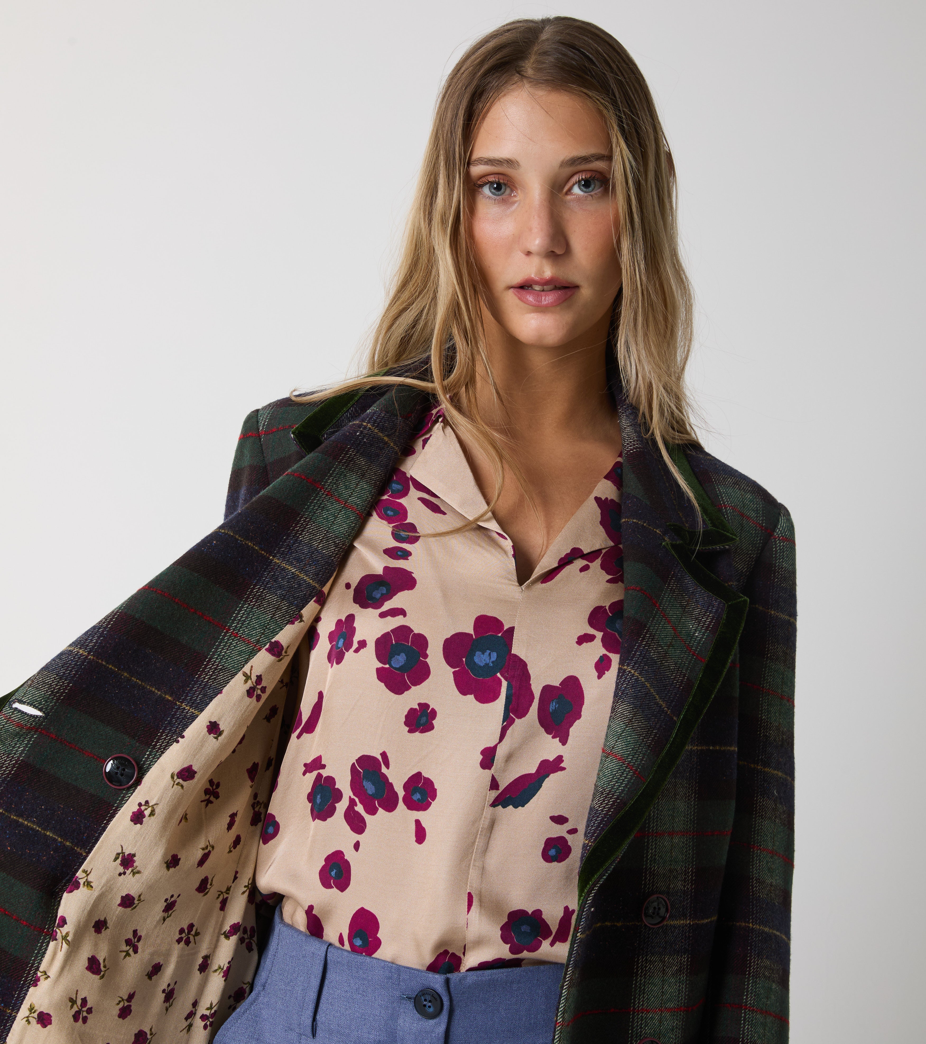 Cappotto doppiopetto in lana e cotone check