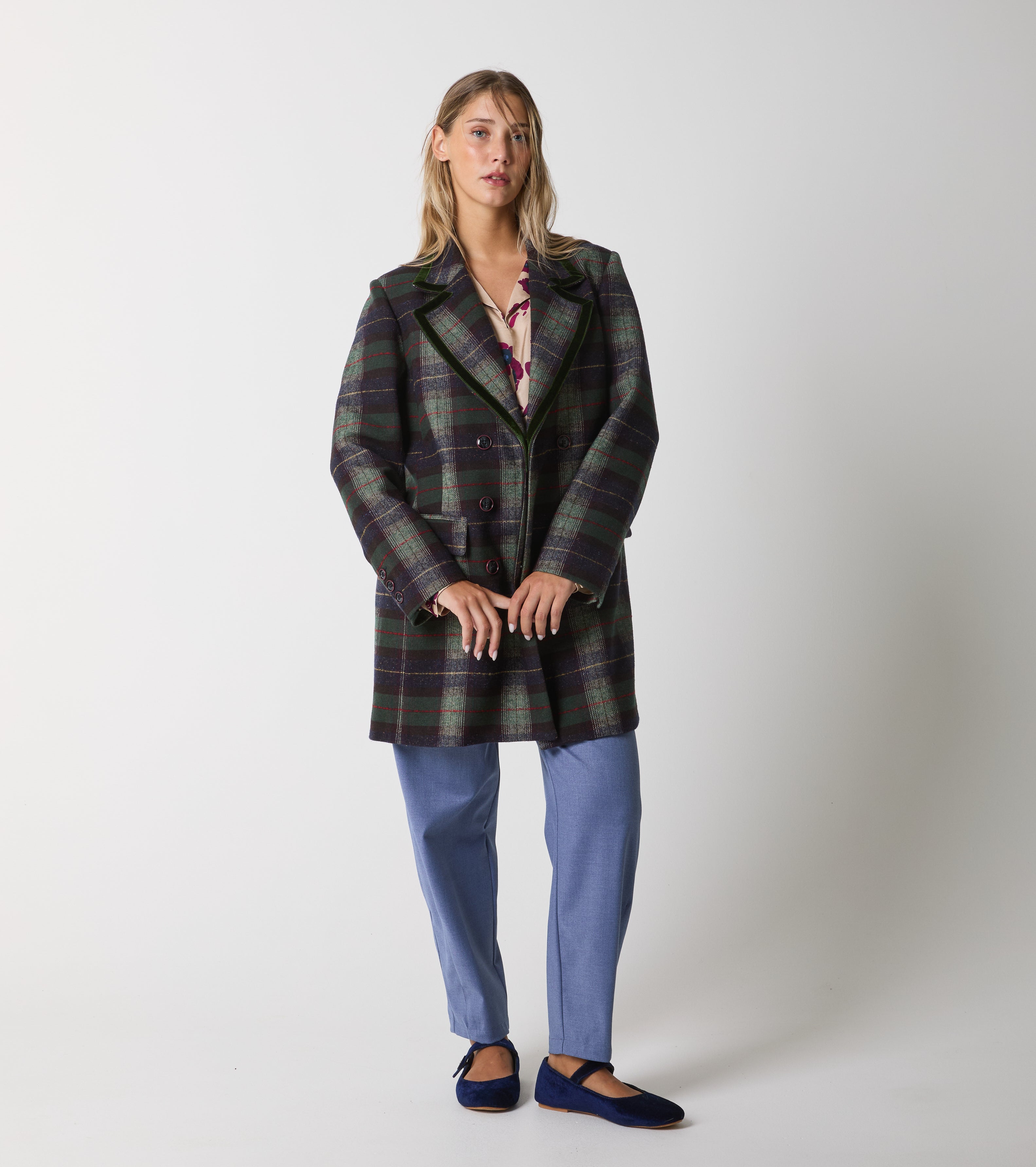 Cappotto doppiopetto in lana e cotone check