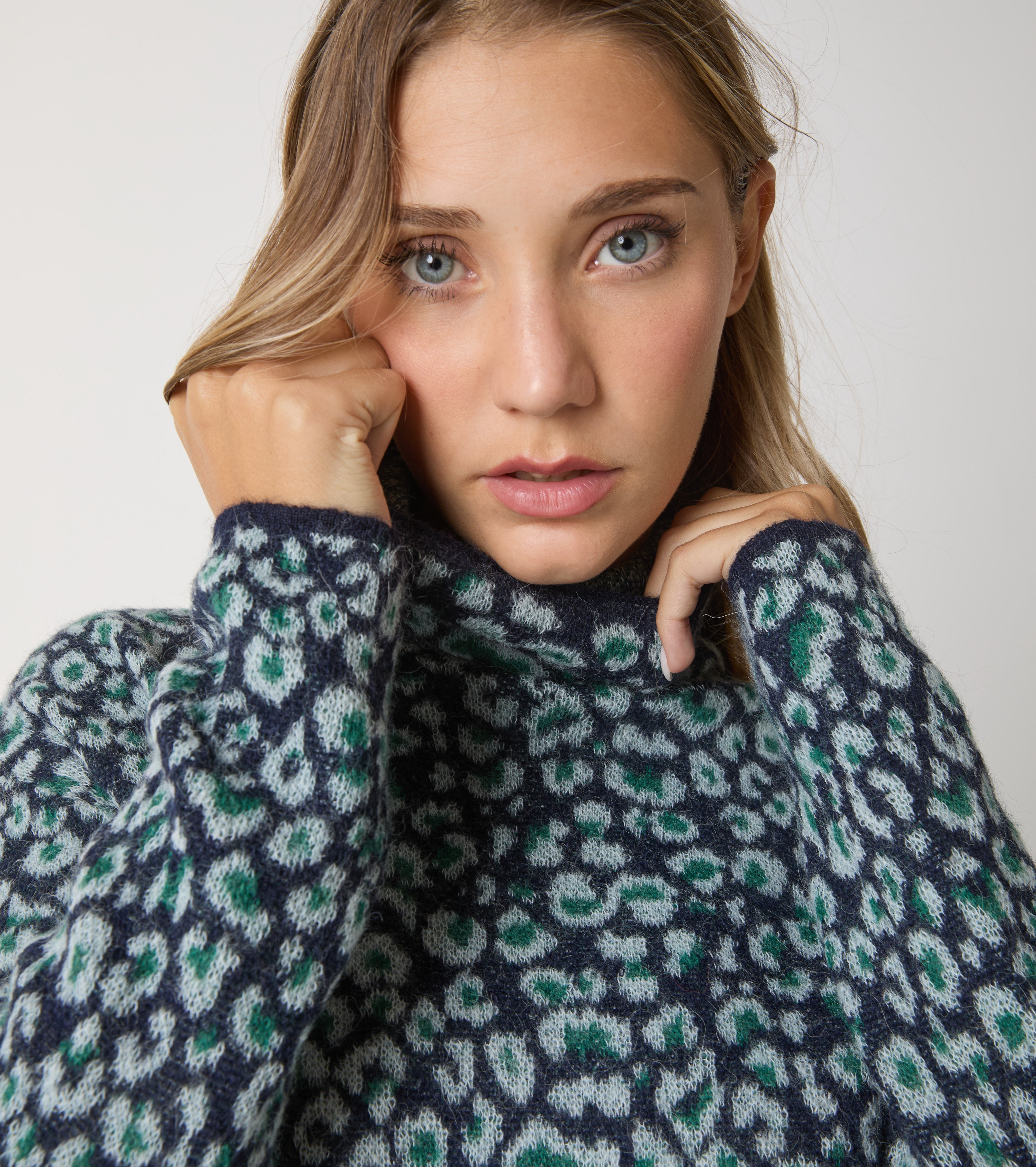Animal print alpaca turtleneck