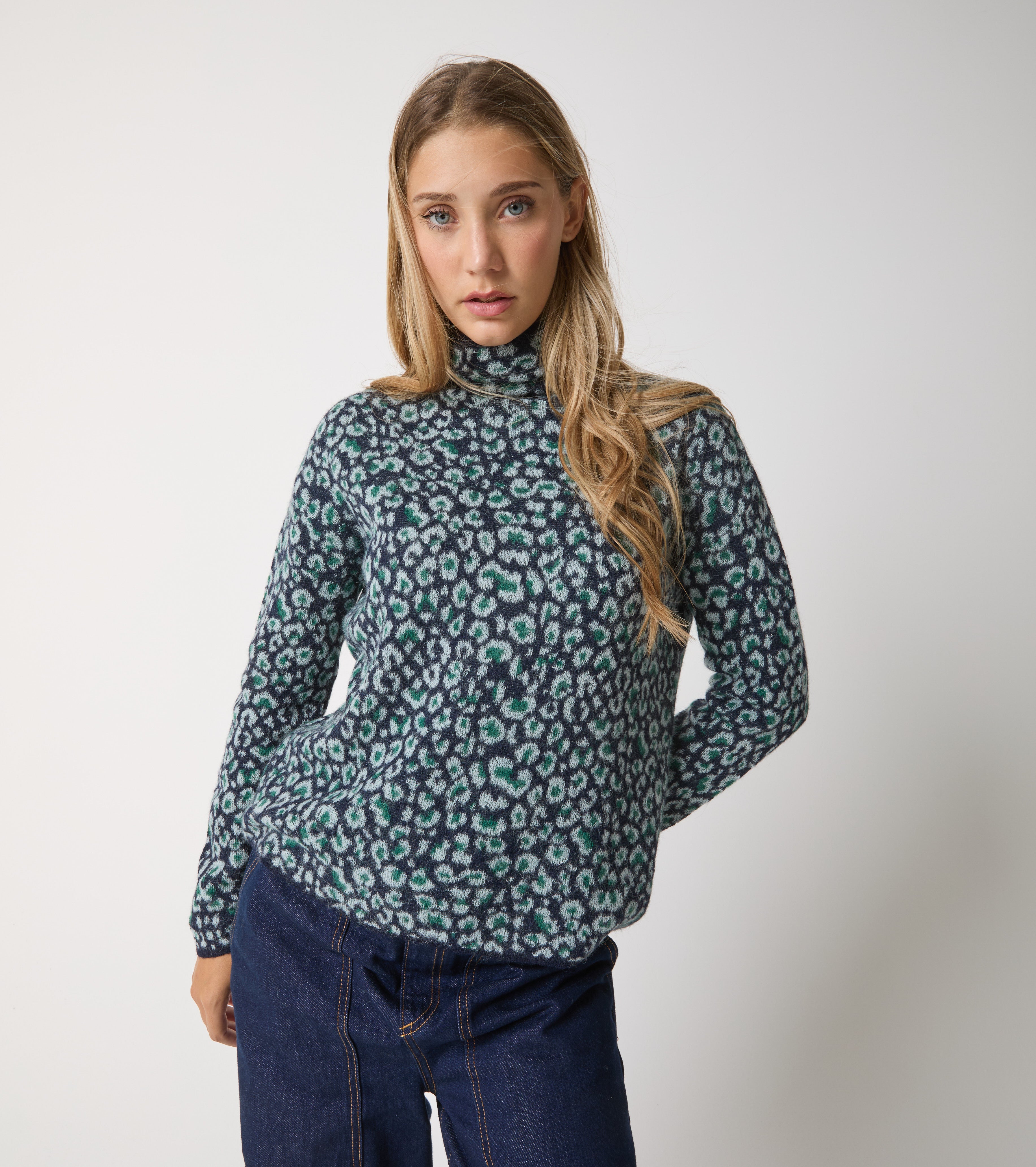 Animal print alpaca turtleneck