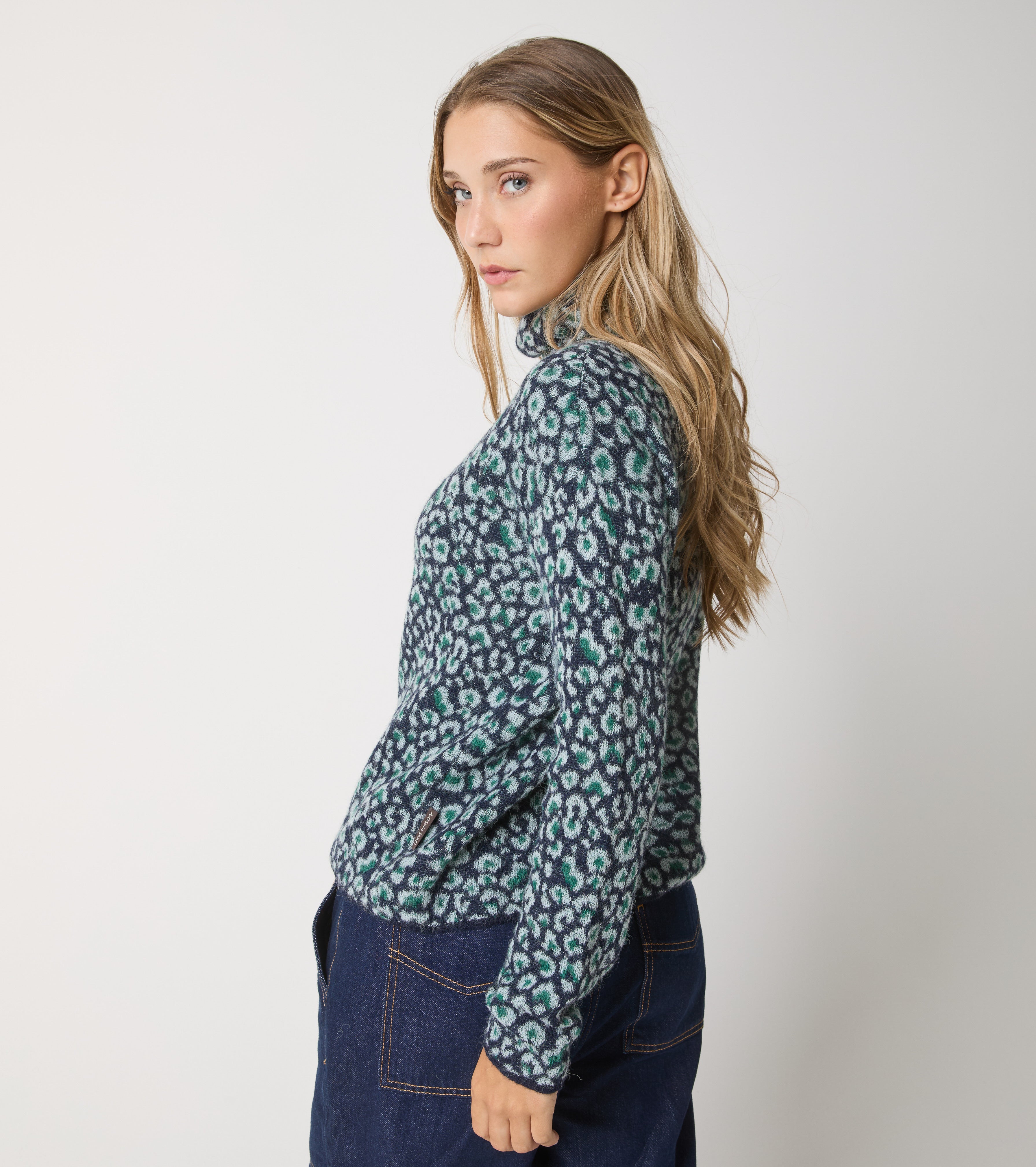Animal print alpaca turtleneck