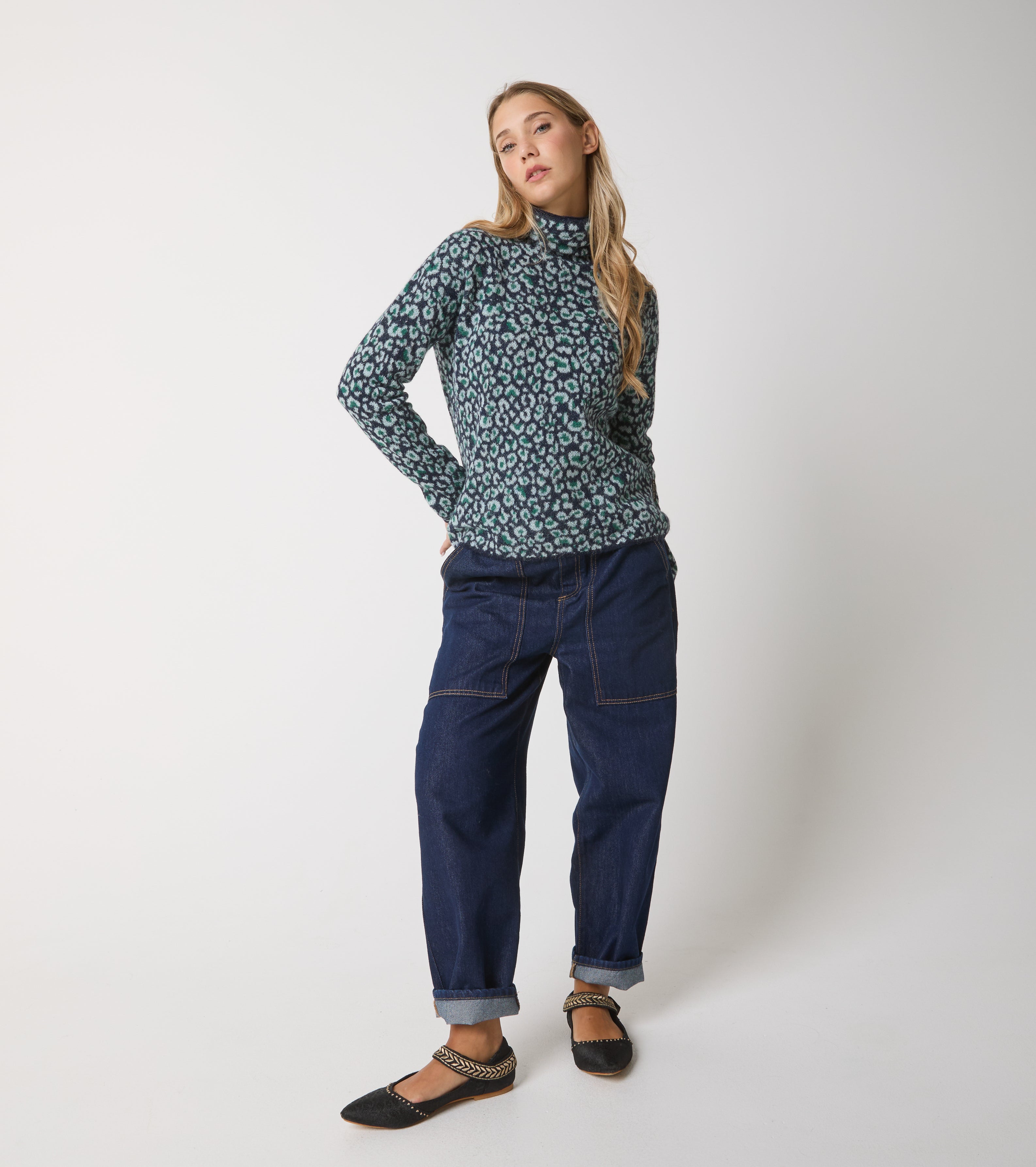Animal print alpaca turtleneck