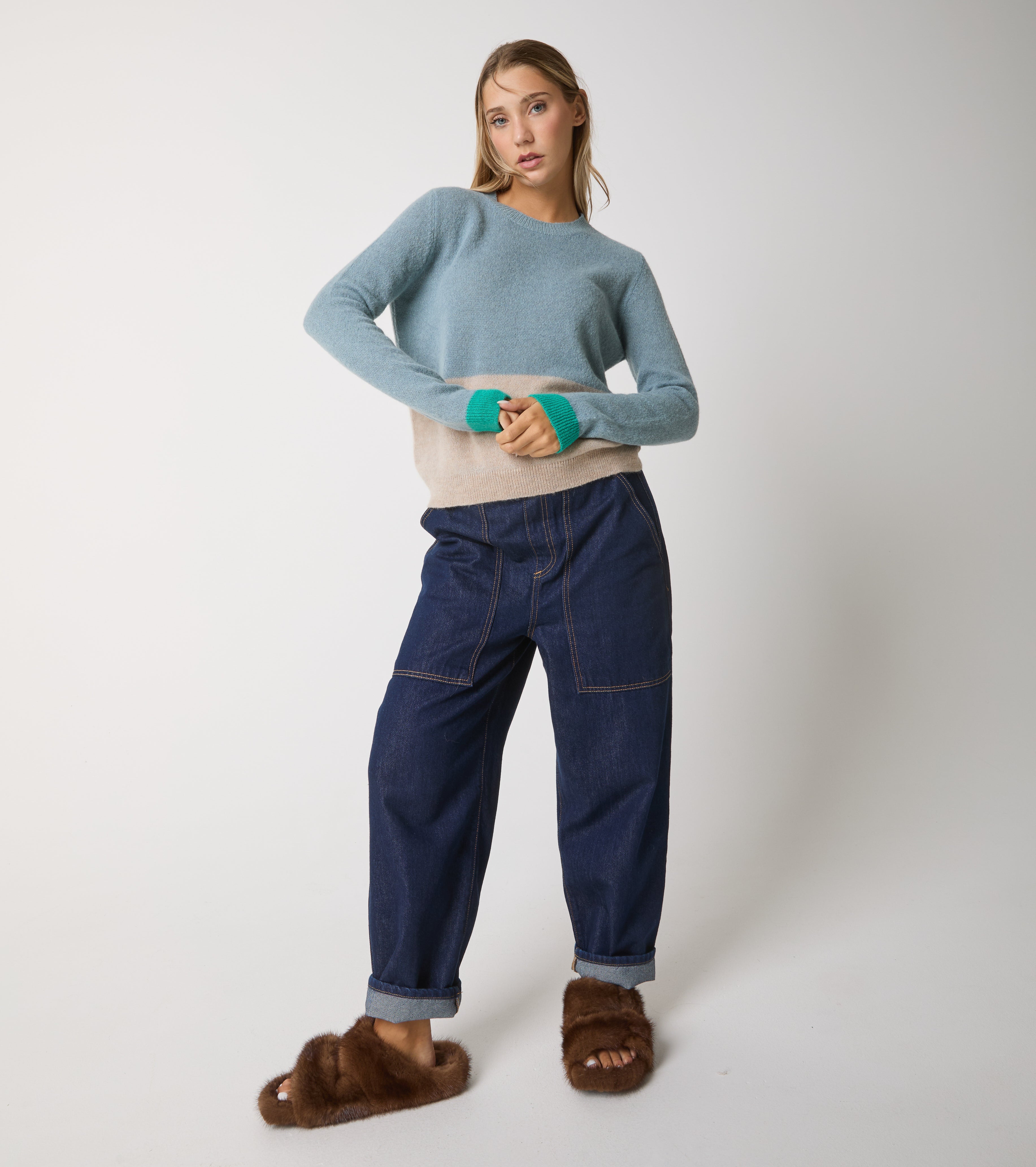 Colour block-sweater med rund hals i alpaka og uld