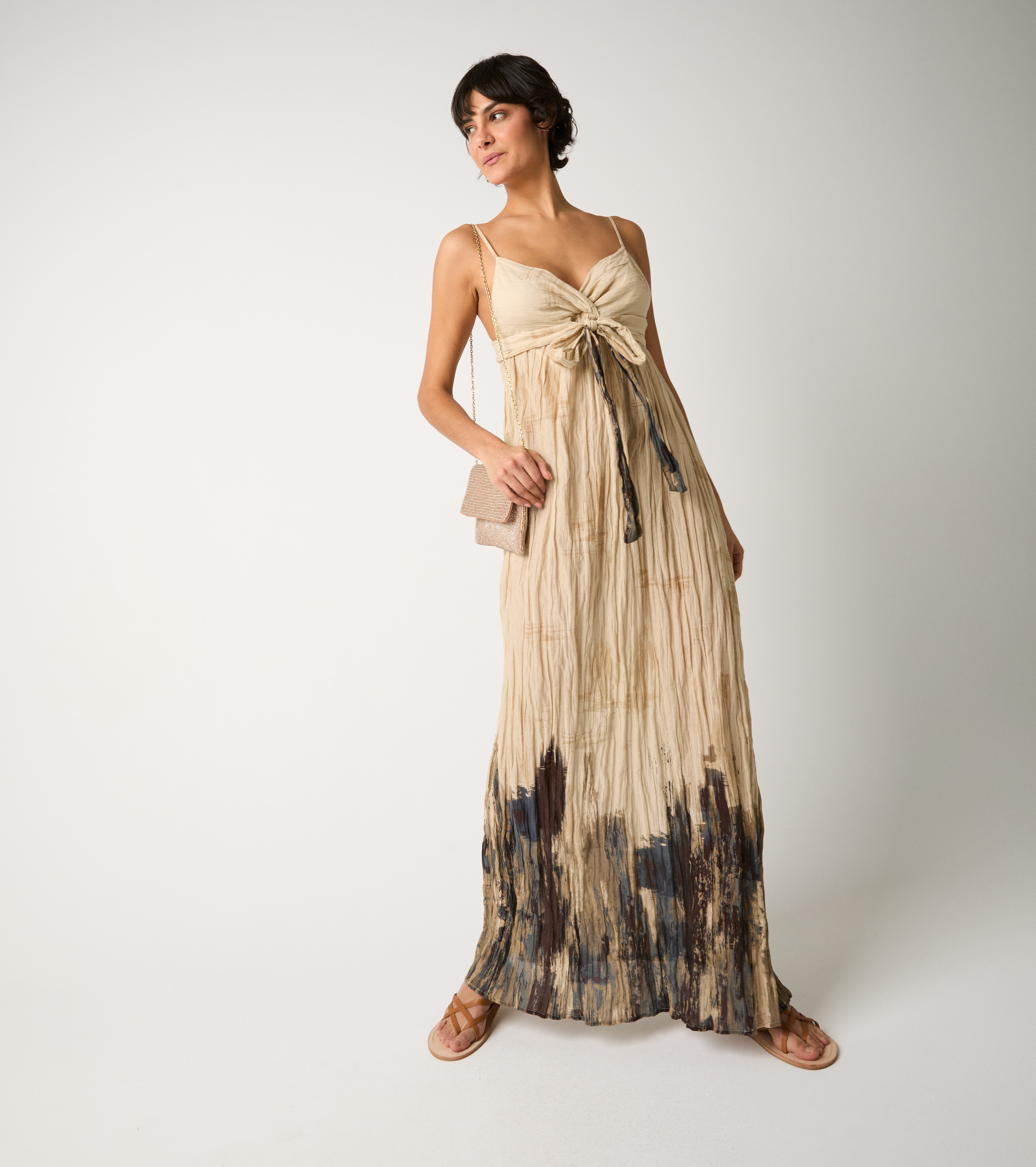 Printed dress with plucked bow