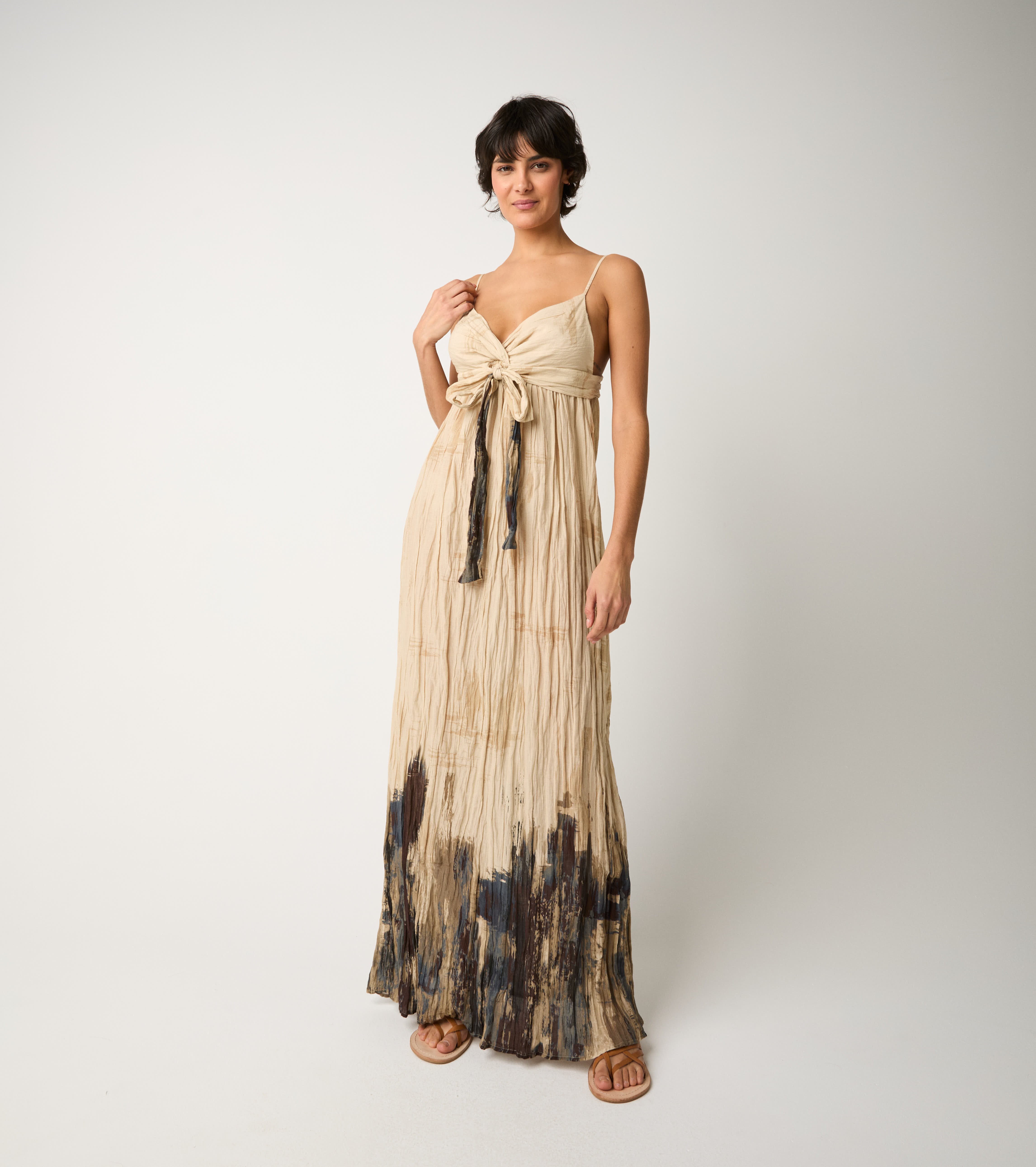 Printed dress with plucked bow