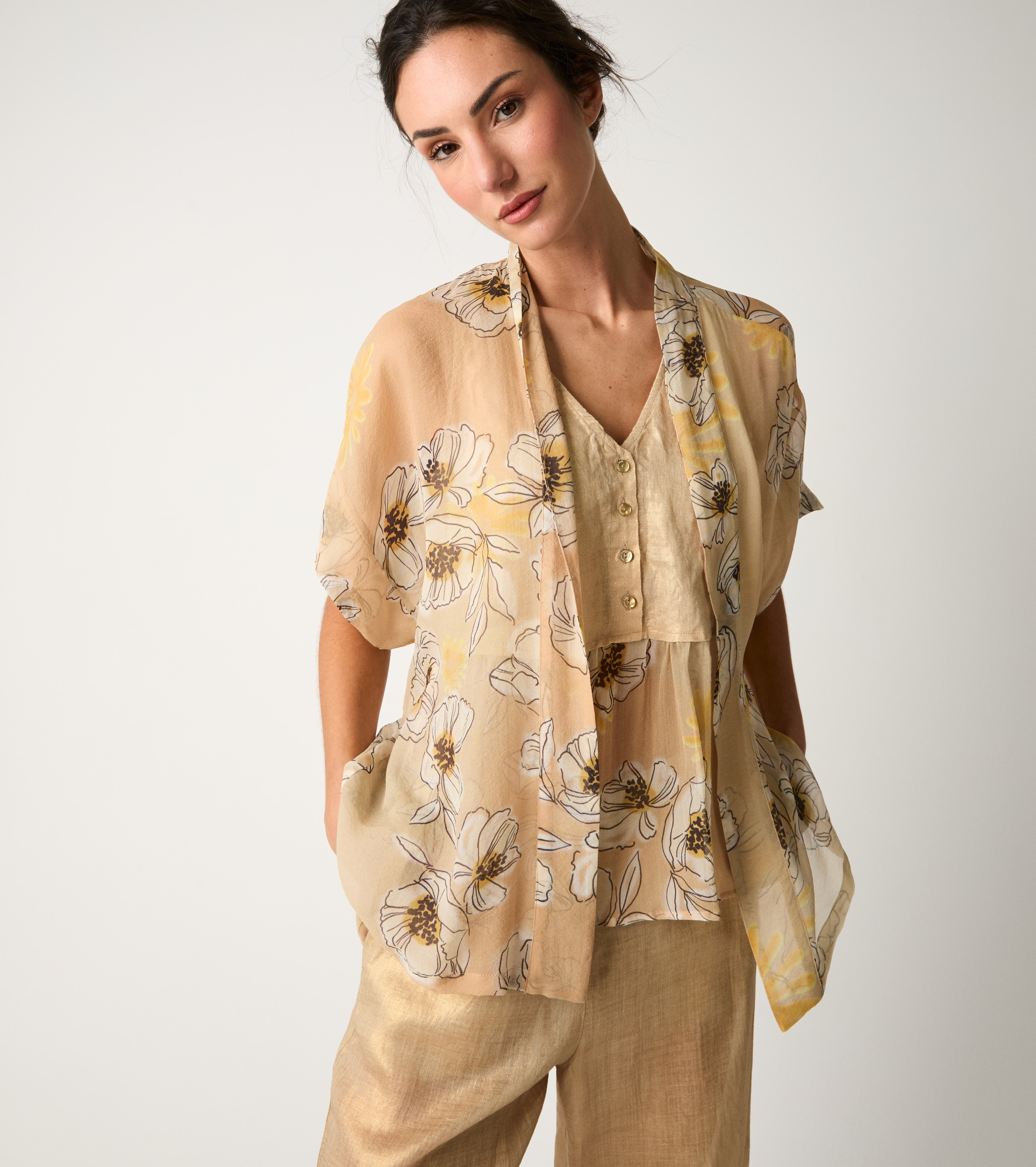 Kimono jacket with peach floral print