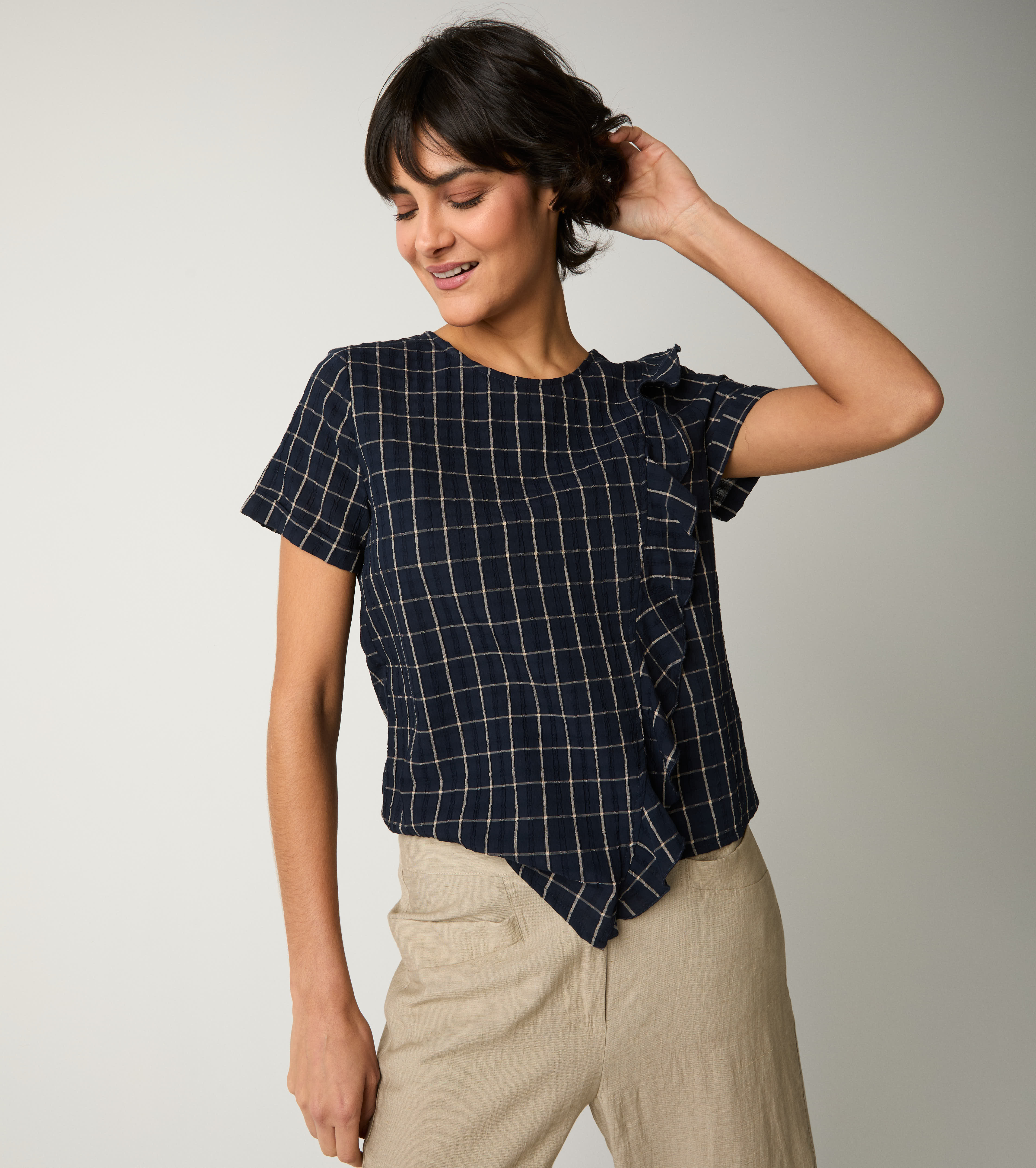 Blusa girocollo con rouches blu