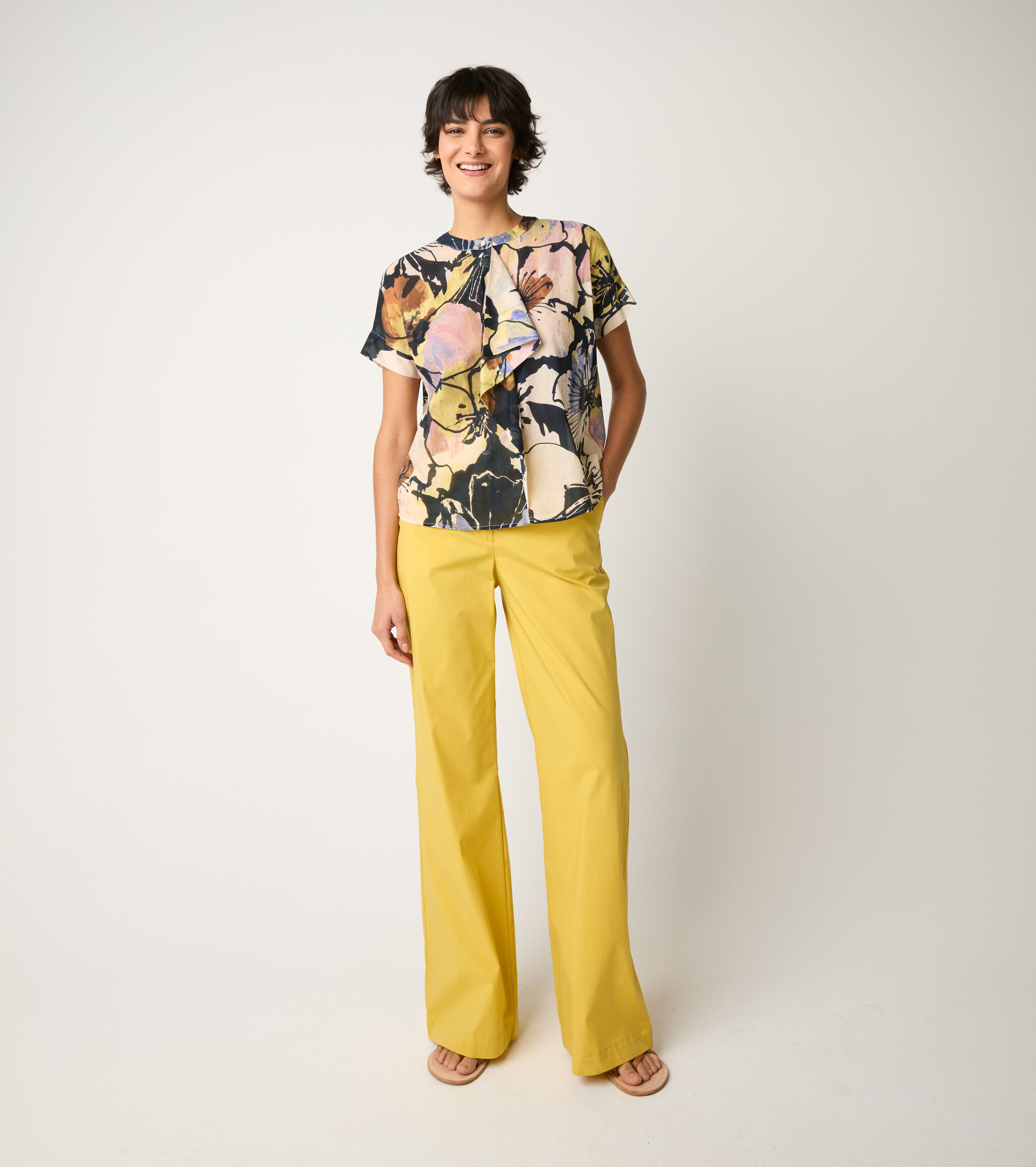 Crew-neck blouse with flower ruffles