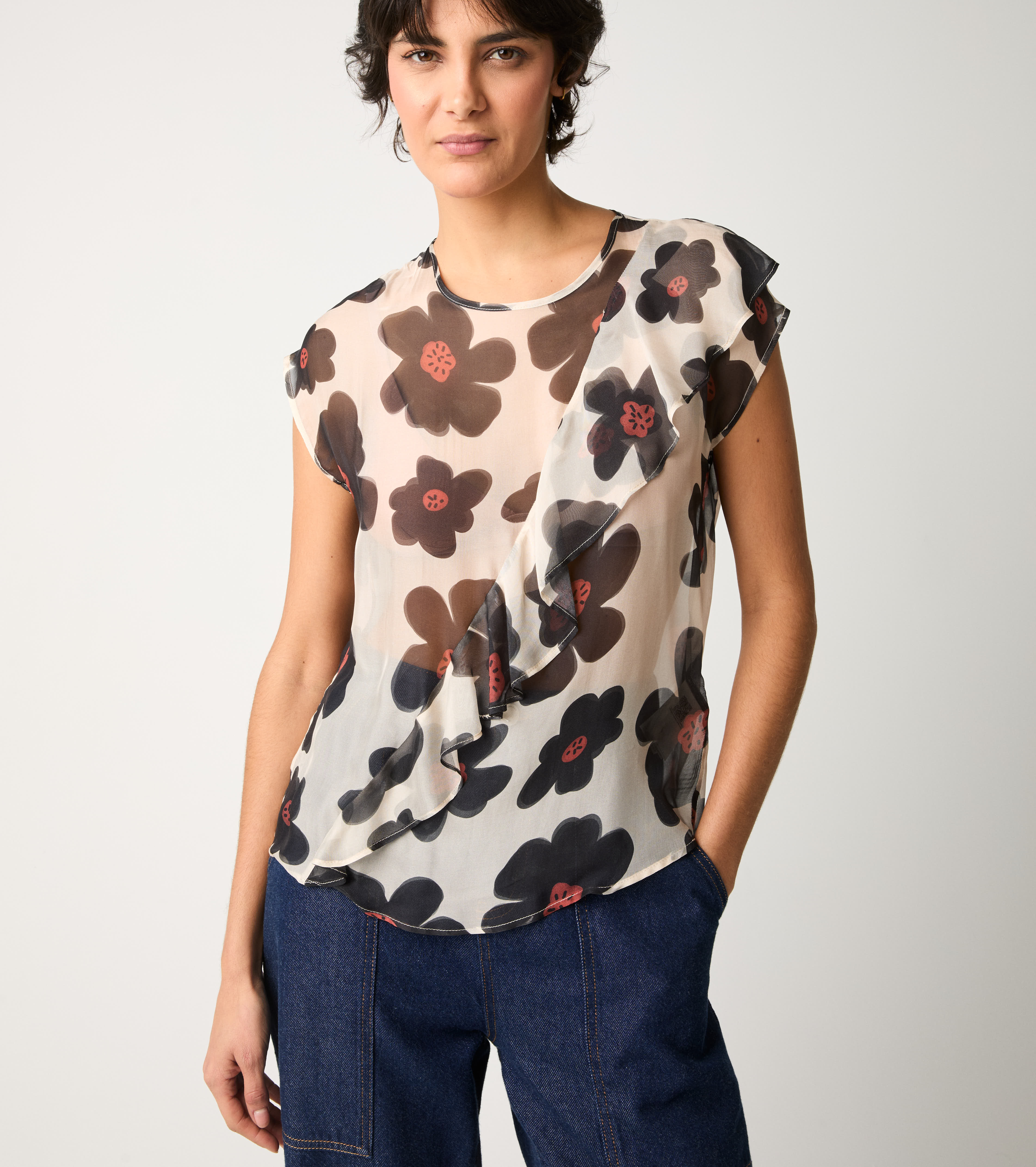 Blusa girocollo con stampa floreale fiori