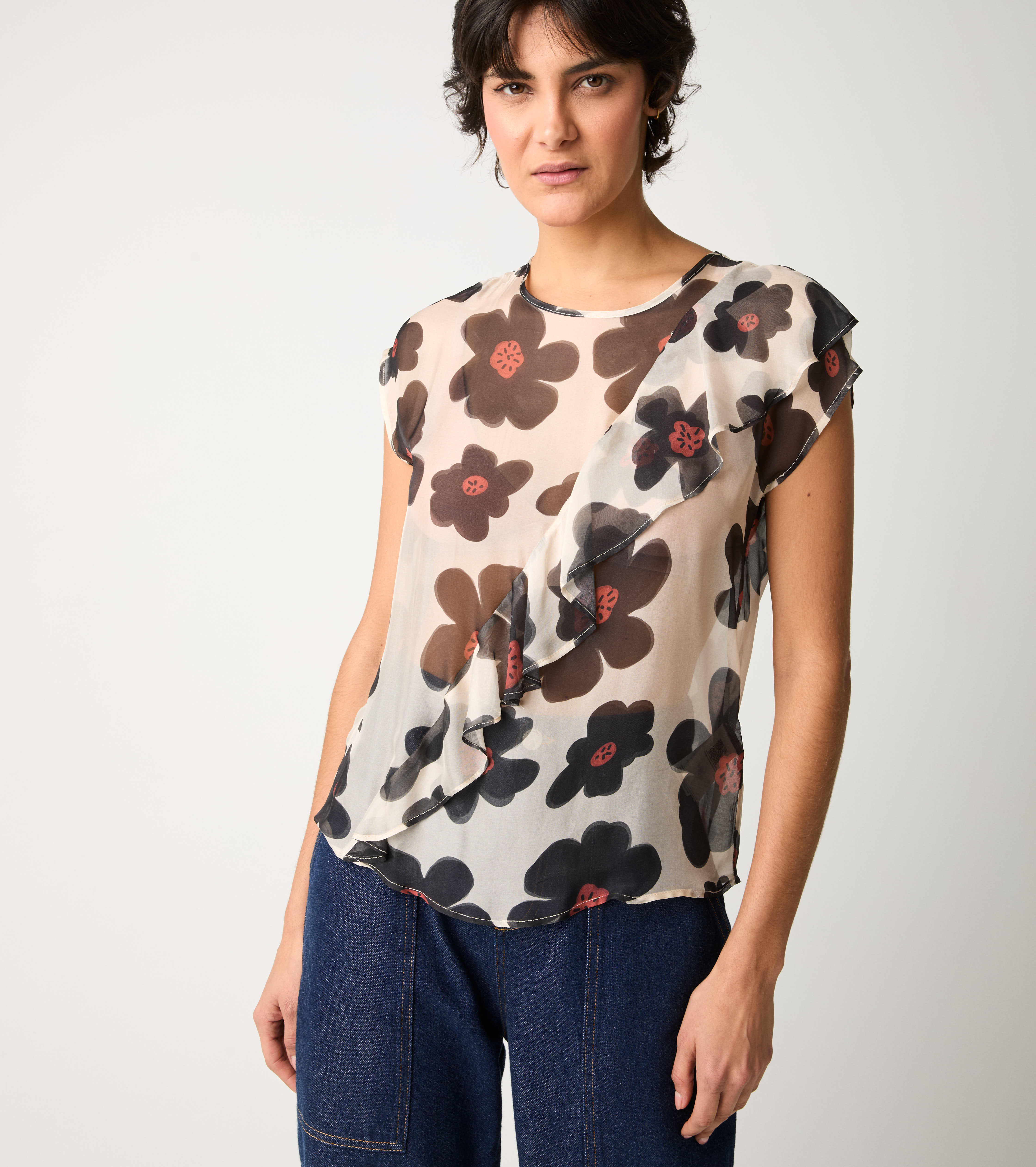 Blusa girocollo con stampa floreale fiori