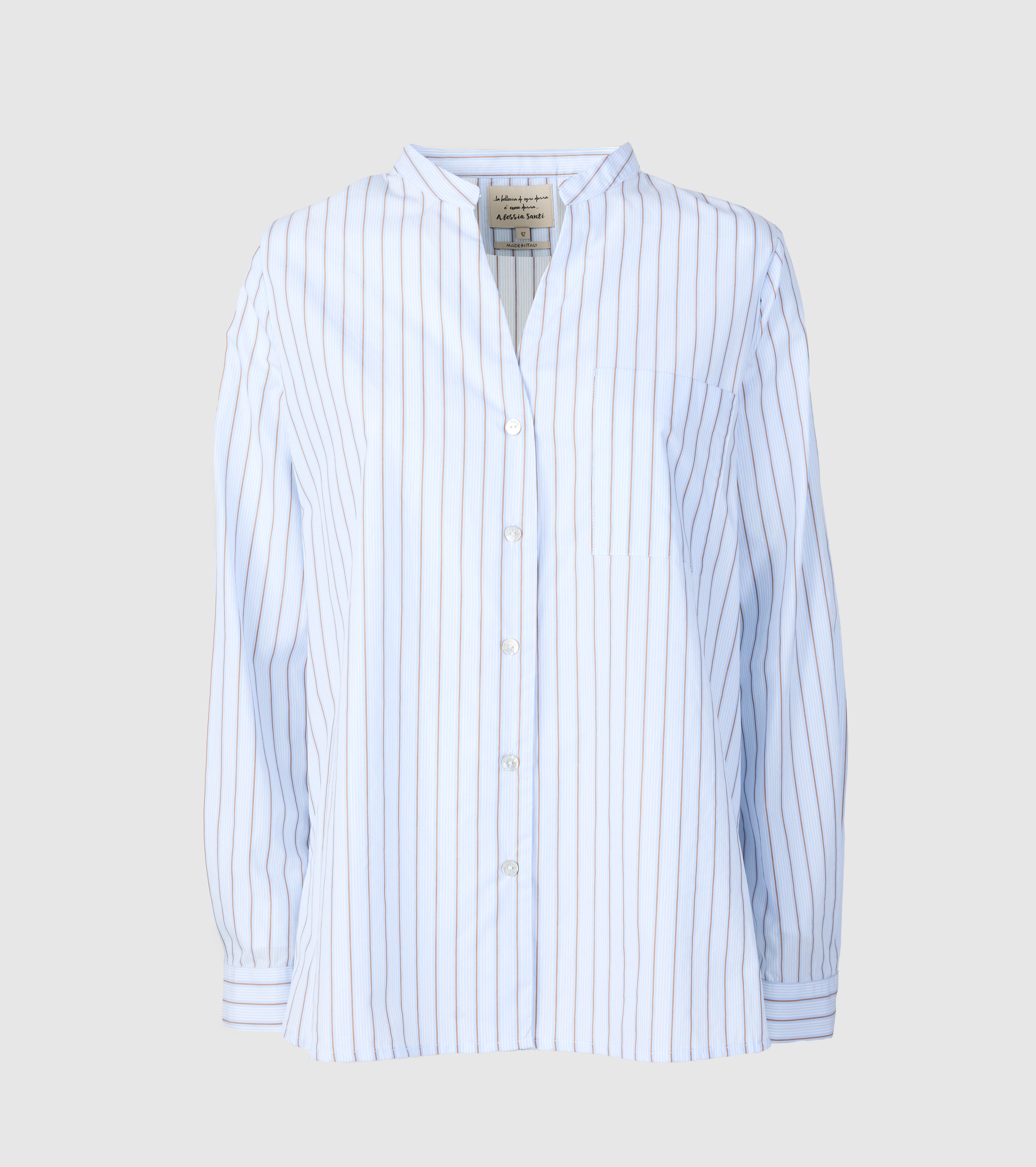 Camicia in Cotone a Righe con Collo alla Coreana