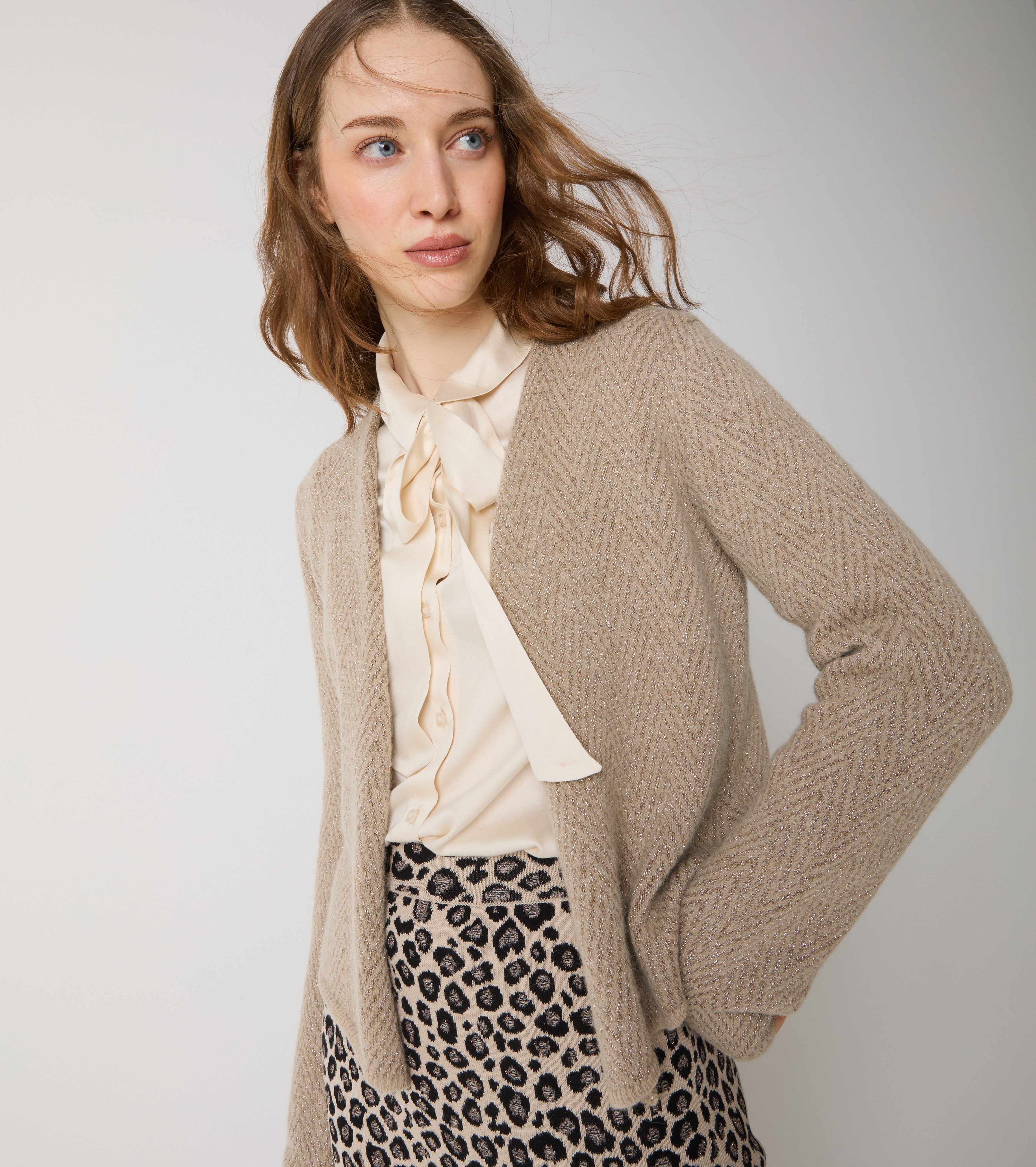 Cardigan corto in alpaca e lana chevron