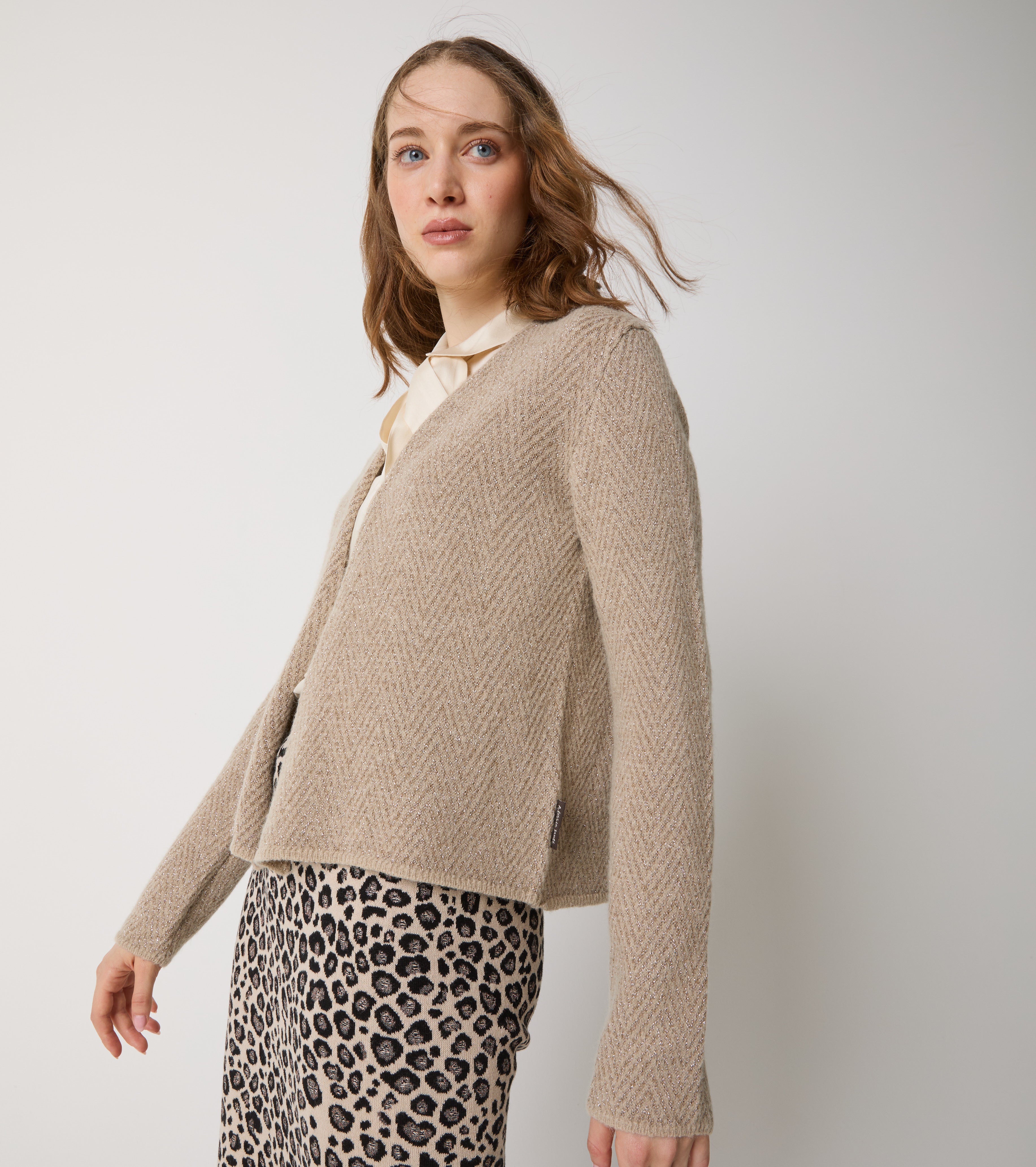 Cardigan corto in alpaca e lana chevron