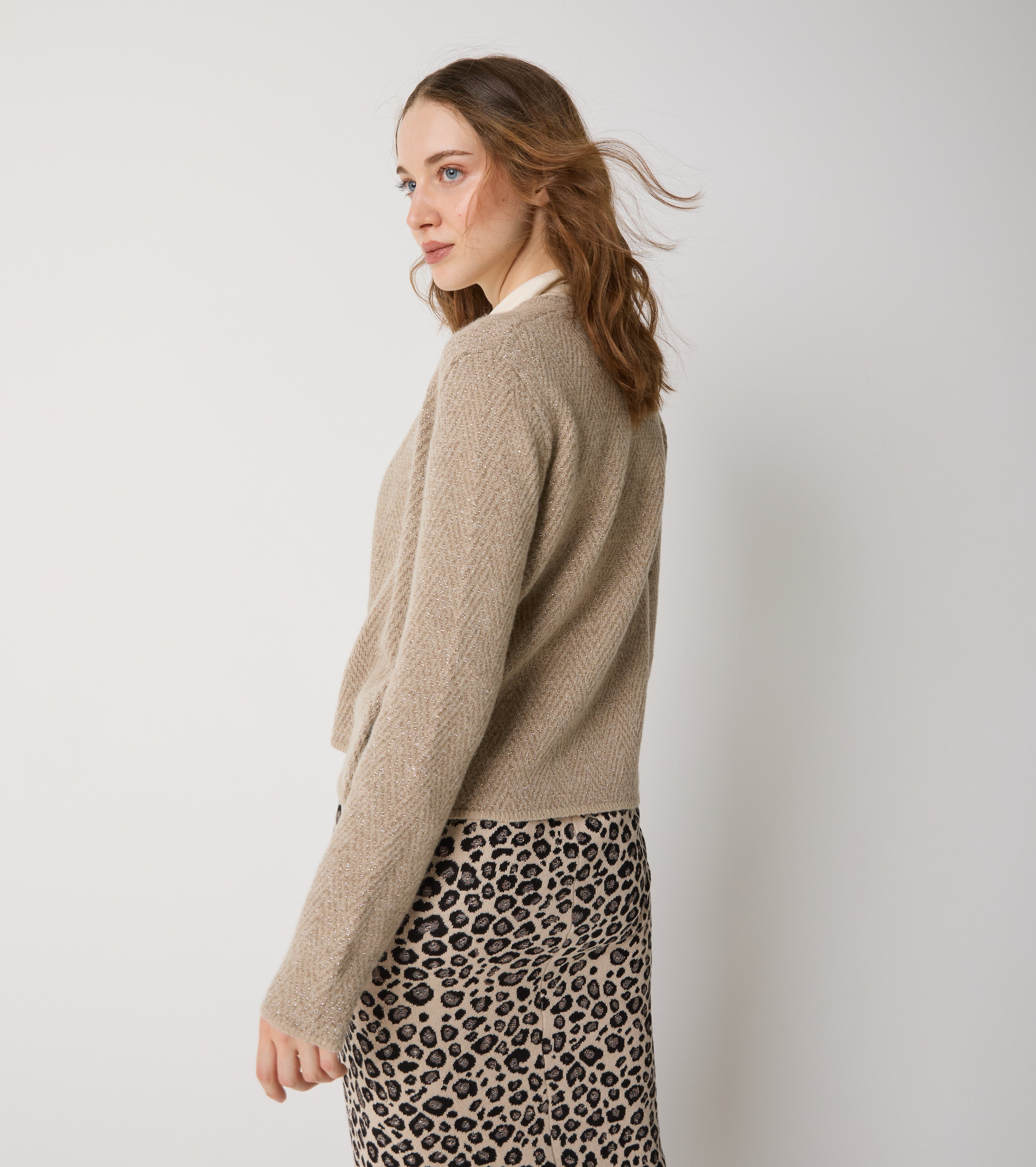 Cardigan corto in alpaca e lana chevron