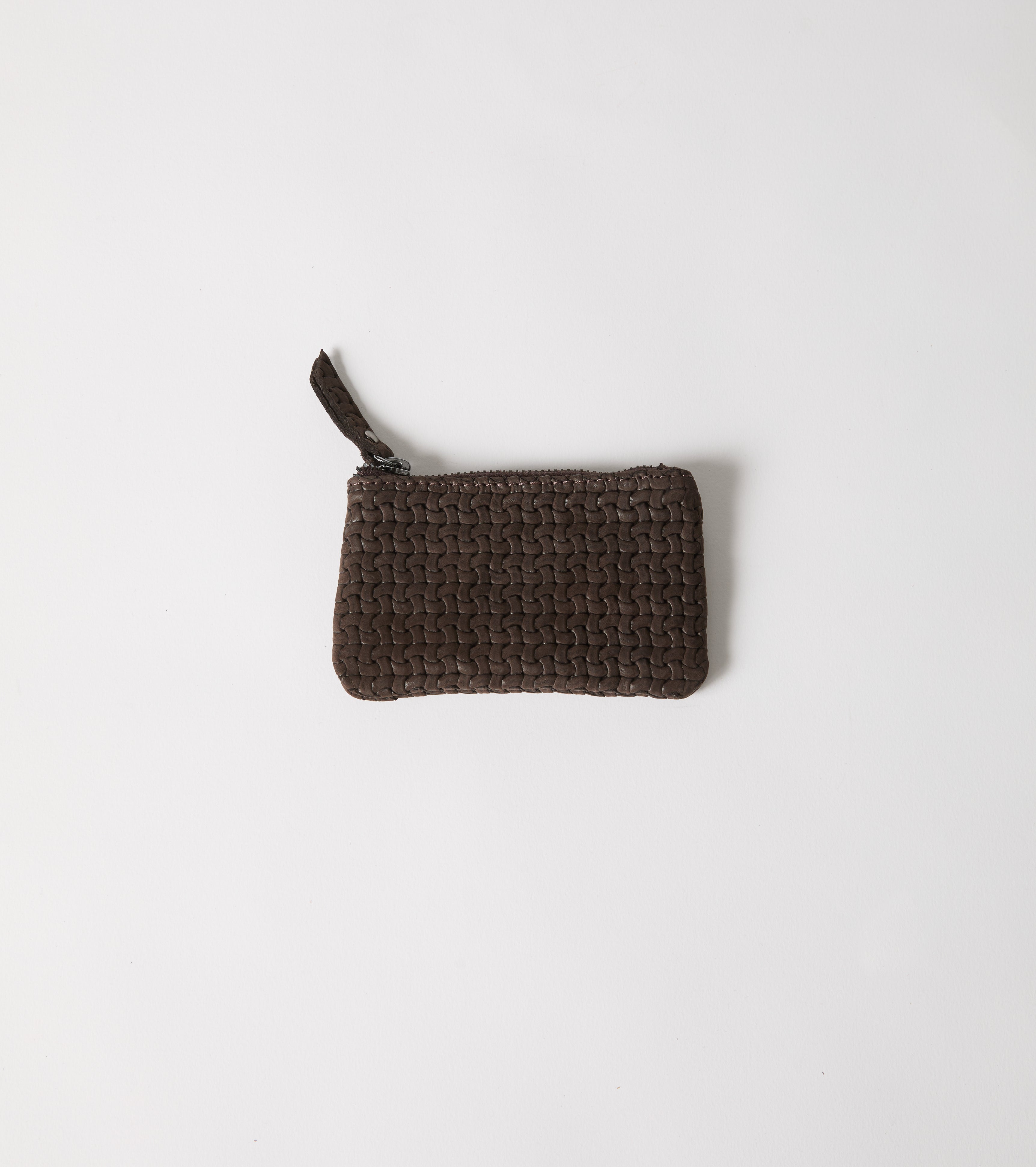 Portamonete in pelle intrecciata con zip